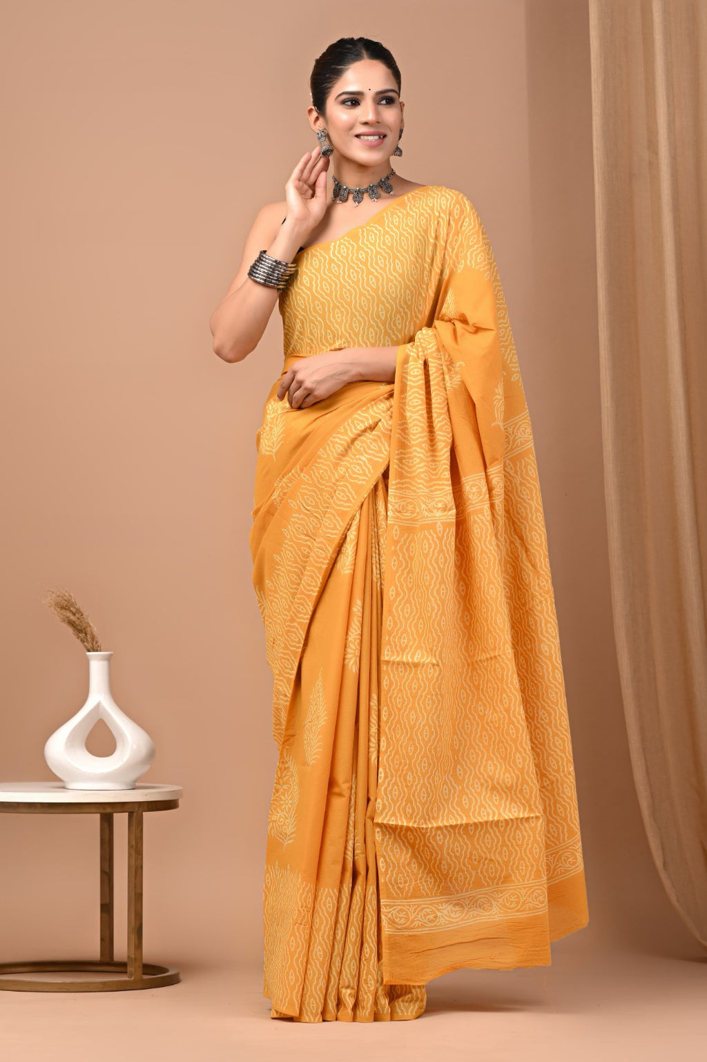 Hand blocked Pure Mulmul saree_RFT
